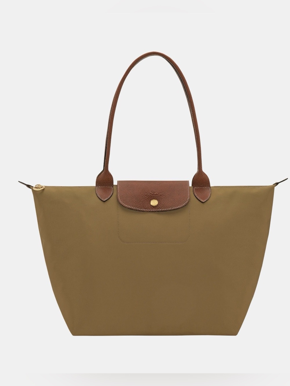 Longchamp Le Pliage Large Tote in Green Tote with Brown Leather Trim